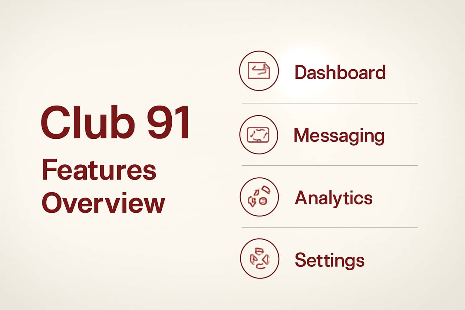 An illustration showing the features of Club 91 with the text 'Club 91 Features Overview' prominently displayed.