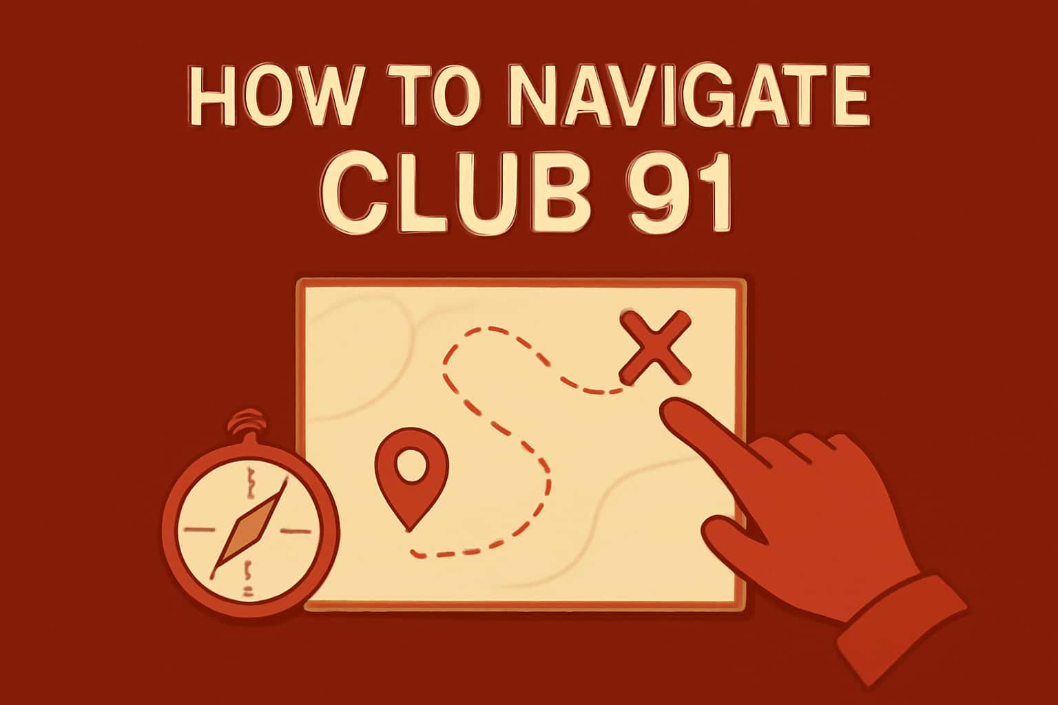 An informational scene showcasing navigation tips for Club 91 with a futuristic design.